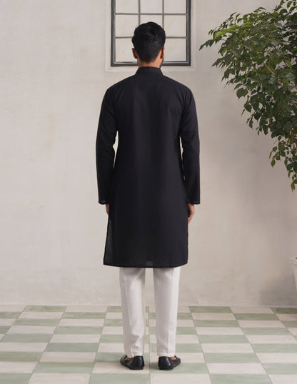 Kashmiri Sozni Multicolour Chinar Linen Cotton Long Kurta – Black | Handcrafted Heritage - Kashmir Box