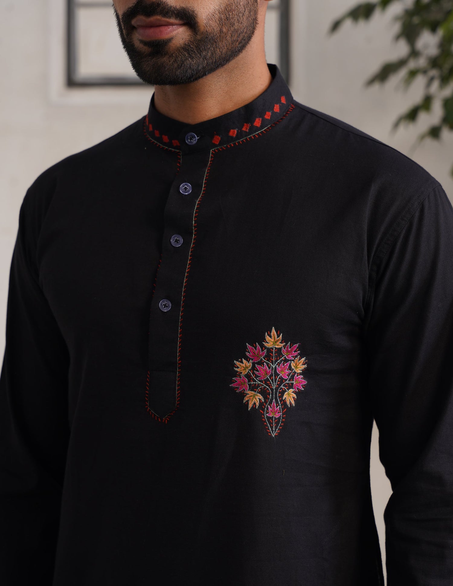 Kashmiri Sozni Multicolour Chinar Linen Cotton Long Kurta – Black | Handcrafted Heritage - Kashmir Box