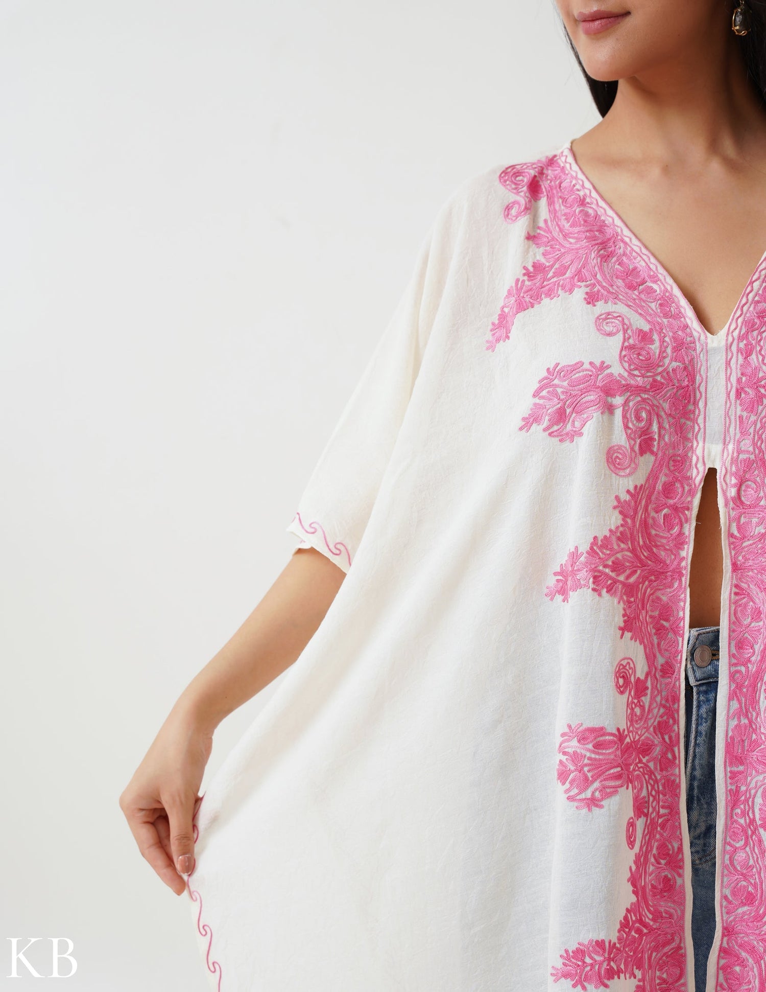 White Aari Embellished Summer Cotton Kaftan - Kashmir Box
