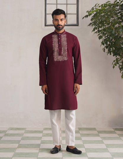 Kashmiri Sozni Embroidered Linen Cotton Long Kurta – Maroon | Handcrafted Heritage - Kashmir Box