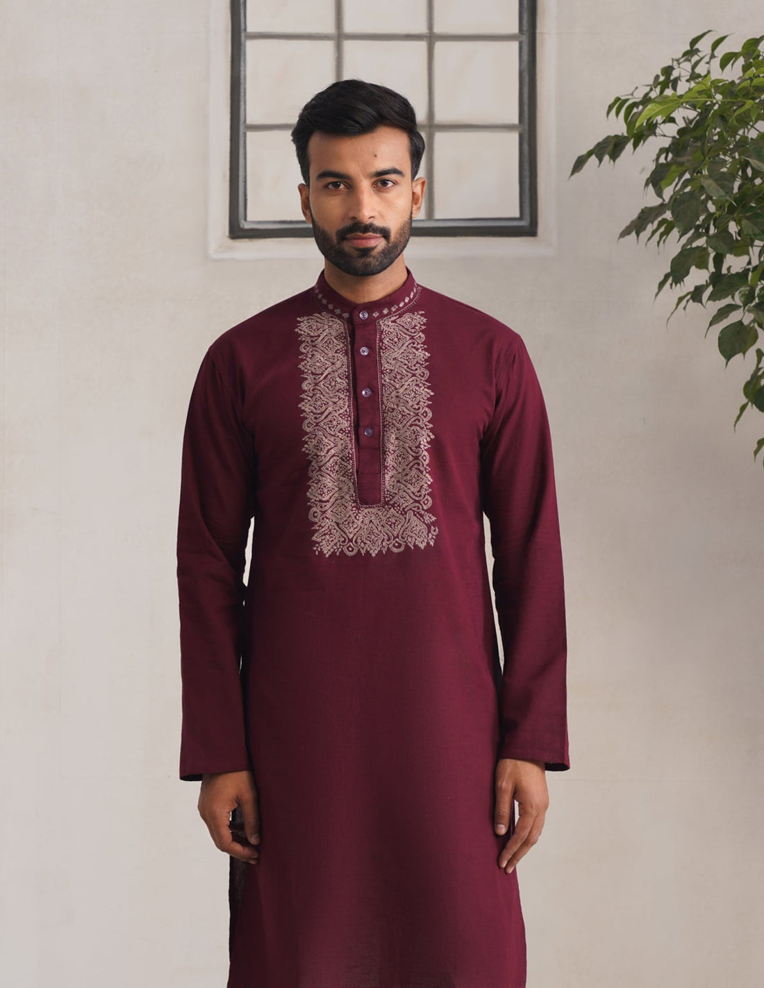 Kashmiri Sozni Embroidered Linen Cotton Long Kurta – Maroon | Handcrafted Heritage