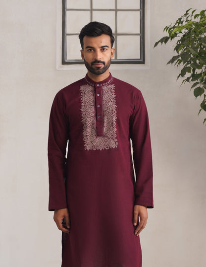 Kashmiri Sozni Embroidered Linen Cotton Long Kurta – Maroon | Handcrafted Heritage