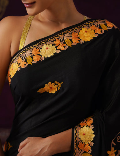 Kashmiri Aari Embroidered Georgette Saree – Black