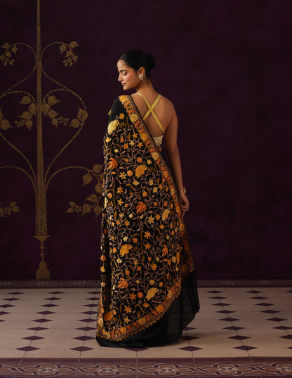 Kashmiri Aari Embroidered Georgette Saree – Black