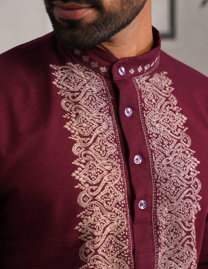 Kashmiri Sozni Embroidered Linen Cotton Long Kurta – Maroon | Handcrafted Heritage - Kashmir Box