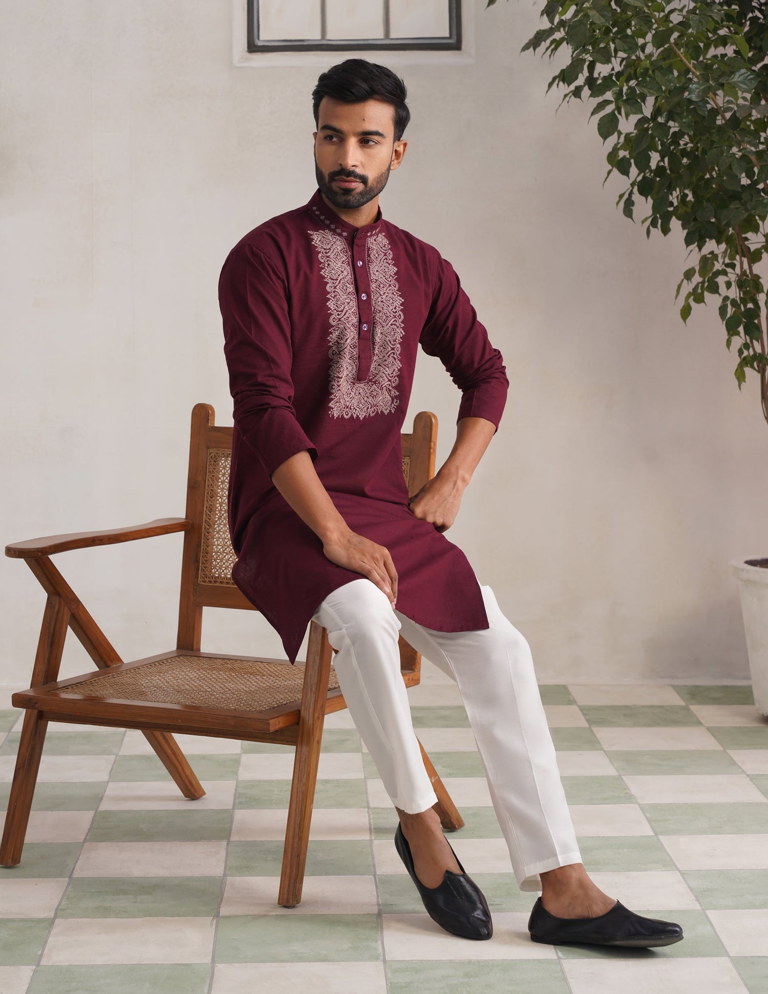 Kashmiri Sozni Embroidered Linen Cotton Long Kurta – Maroon | Handcrafted Heritage - Kashmir Box