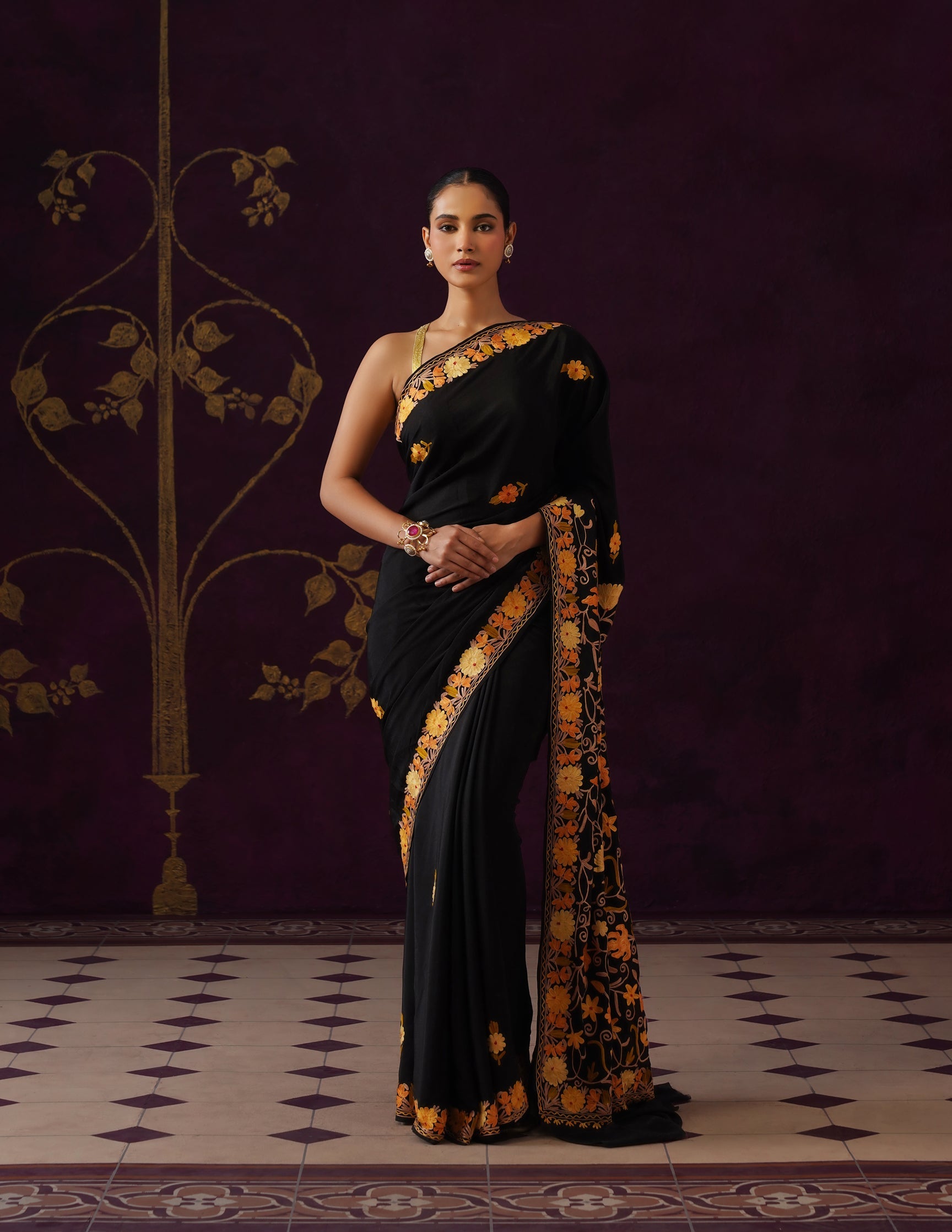 Kashmiri Aari Embroidered Georgette Saree – Black