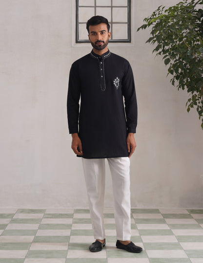 Kashmiri Sozni Chinar Linen Cotton Short Kurta – Black | Handcrafted Heritage - Kashmir Box