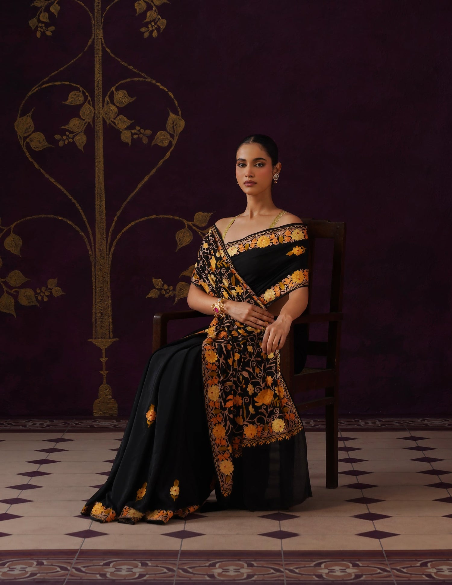 Kashmiri Aari Embroidered Georgette Saree – Black