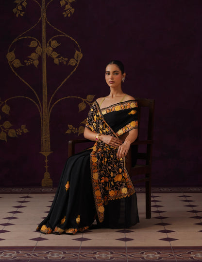 Kashmiri Aari Embroidered Georgette Saree – Black