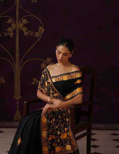 Kashmiri Aari Embroidered Georgette Saree – Black