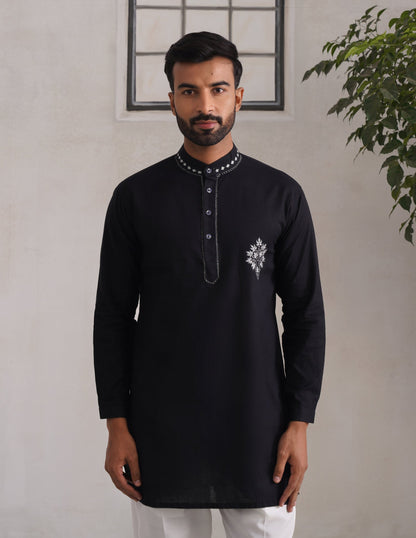 Kashmiri Sozni Chinar Linen Cotton Short Kurta – Black | Handcrafted Heritage - Kashmir Box