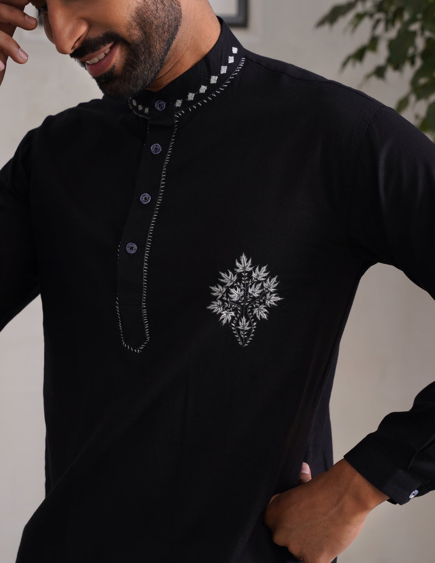 Kashmiri Sozni Chinar Linen Cotton Short Kurta – Black | Handcrafted Heritage - Kashmir Box