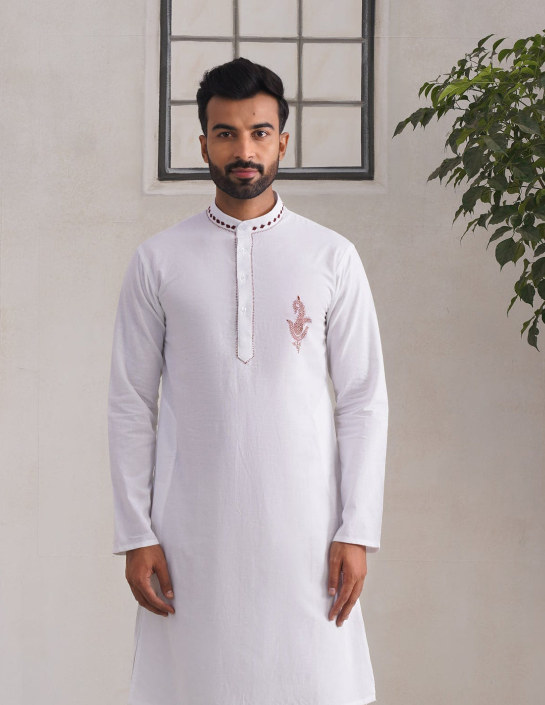 Kashmiri Sozni Paisley Embroidered Linen Cotton Long Kurta – White | Handcrafted Heritage