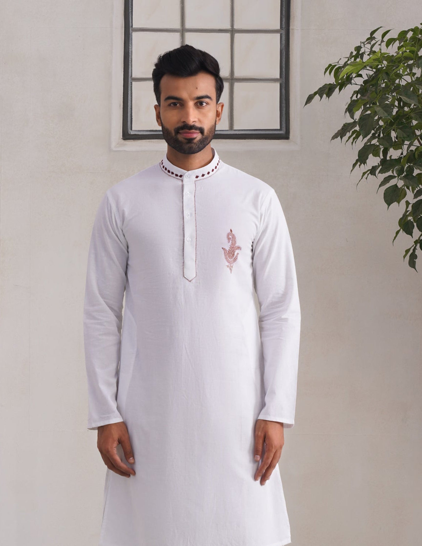 Kashmiri Sozni Paisley Embroidered Linen Cotton Long Kurta – White | Handcrafted Heritage