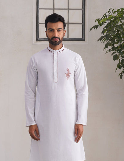 Kashmiri Sozni Paisley Embroidered Linen Cotton Long Kurta – White | Handcrafted Heritage
