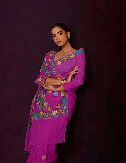 Kashmiri Aari Embroidered Georgette Saree – Hot Magenta