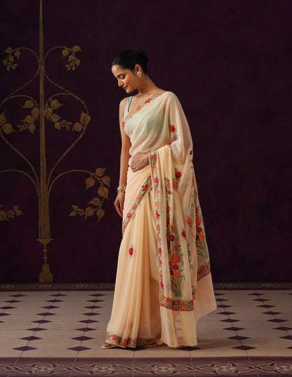 Kashmiri Aari Embroidered Georgette Saree – Cream