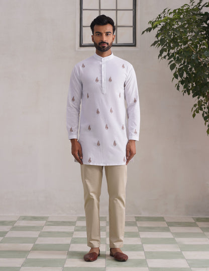 Kashmiri Sozni Paisley Embroidered Linen Cotton Short Kurta – White | Handcrafted Heritage - Kashmir Box