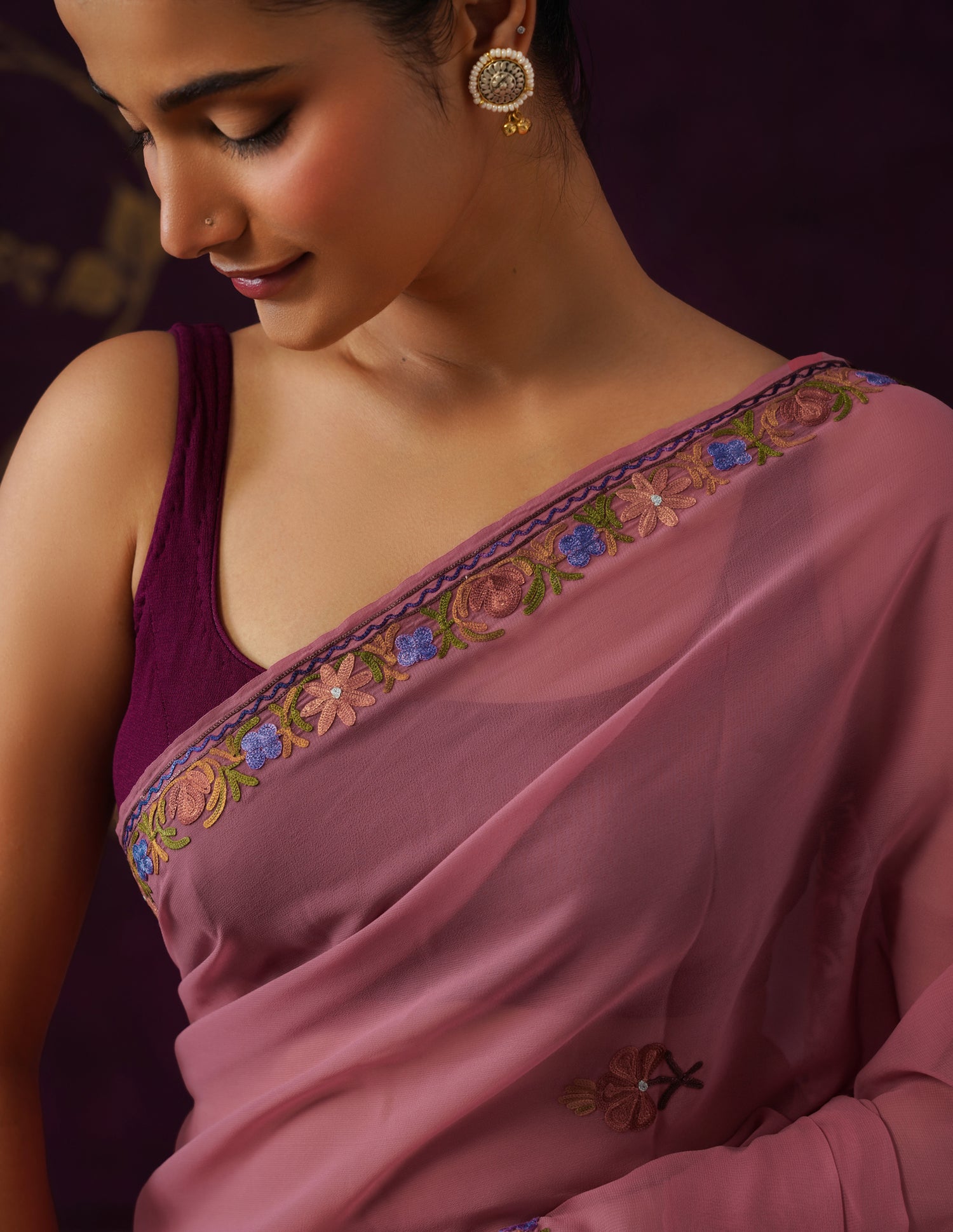 Kashmiri Aari Embroidered Georgette Saree – Dusky Purple