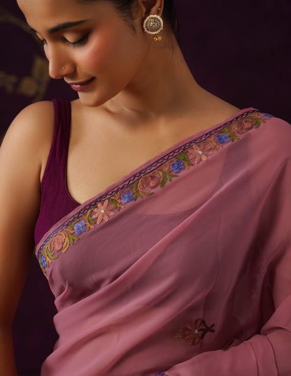 Kashmiri Aari Embroidered Georgette Saree – Dusky Purple