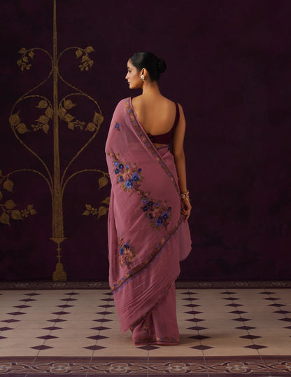 Kashmiri Aari Embroidered Georgette Saree – Dusky Purple