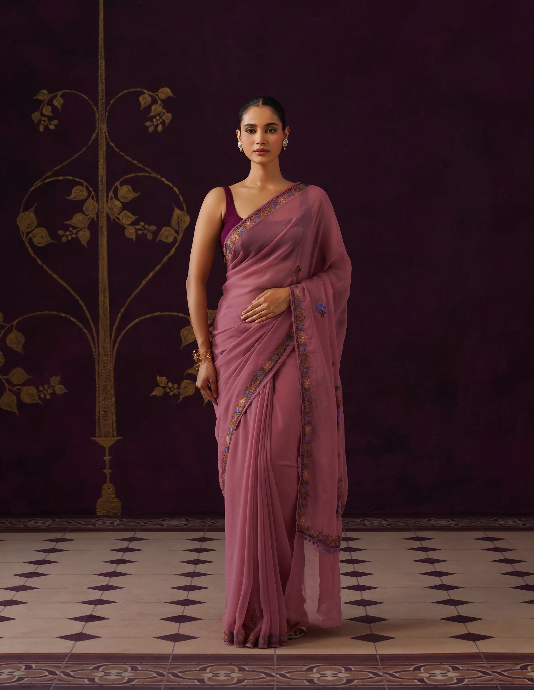 Kashmiri Aari Embroidered Georgette Saree – Dusky Purple