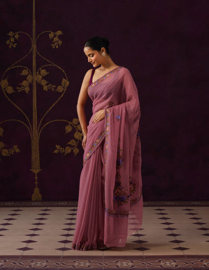 Kashmiri Aari Embroidered Georgette Saree – Dusky Purple