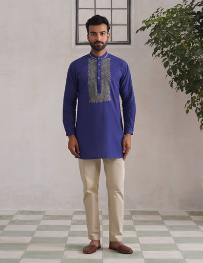 Kashmiri Sozni Embroidered Linen Cotton Short Kurta – Blue | Handcrafted Heritage - Kashmir Box