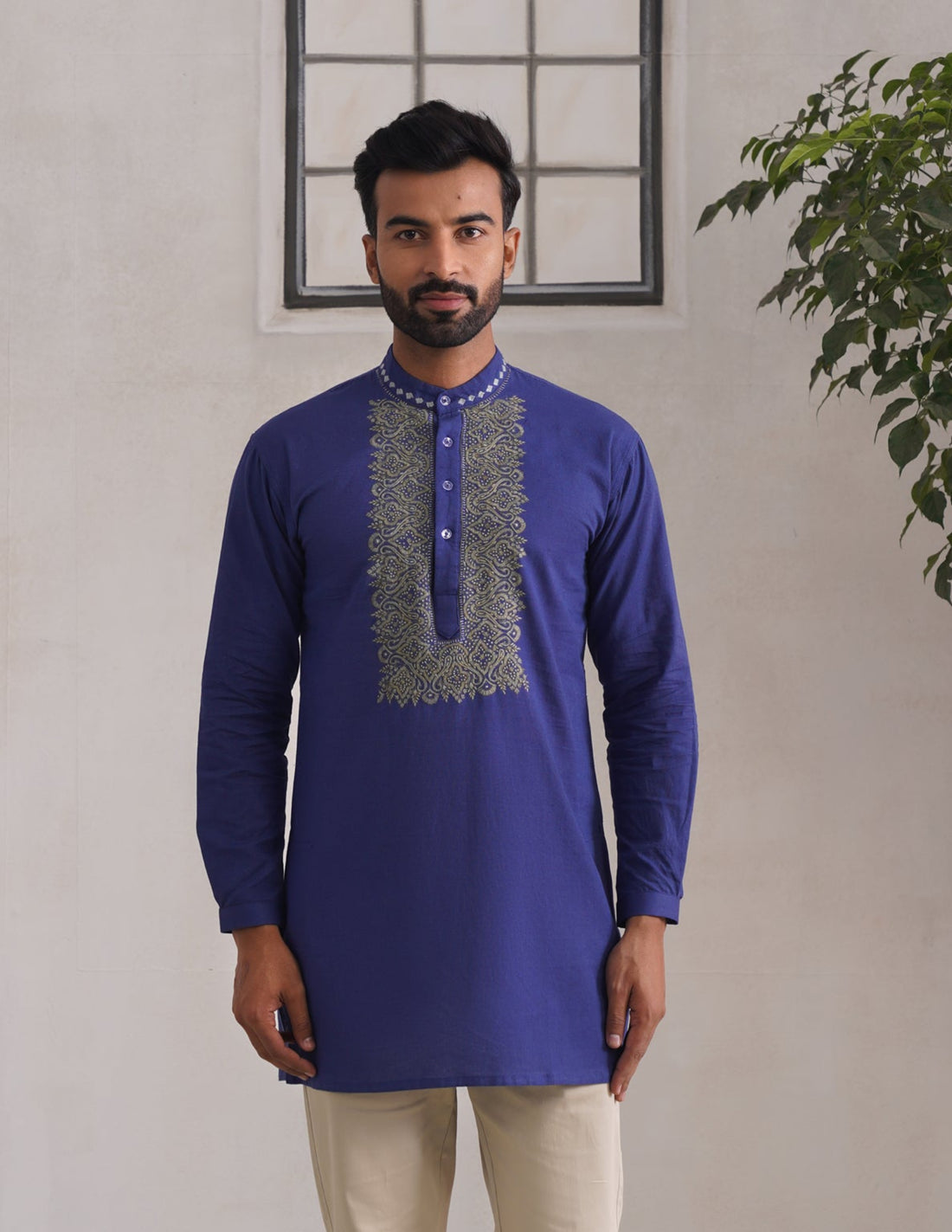 Kashmiri Sozni Embroidered Linen Cotton Short Kurta – Blue | Handcrafted Heritage