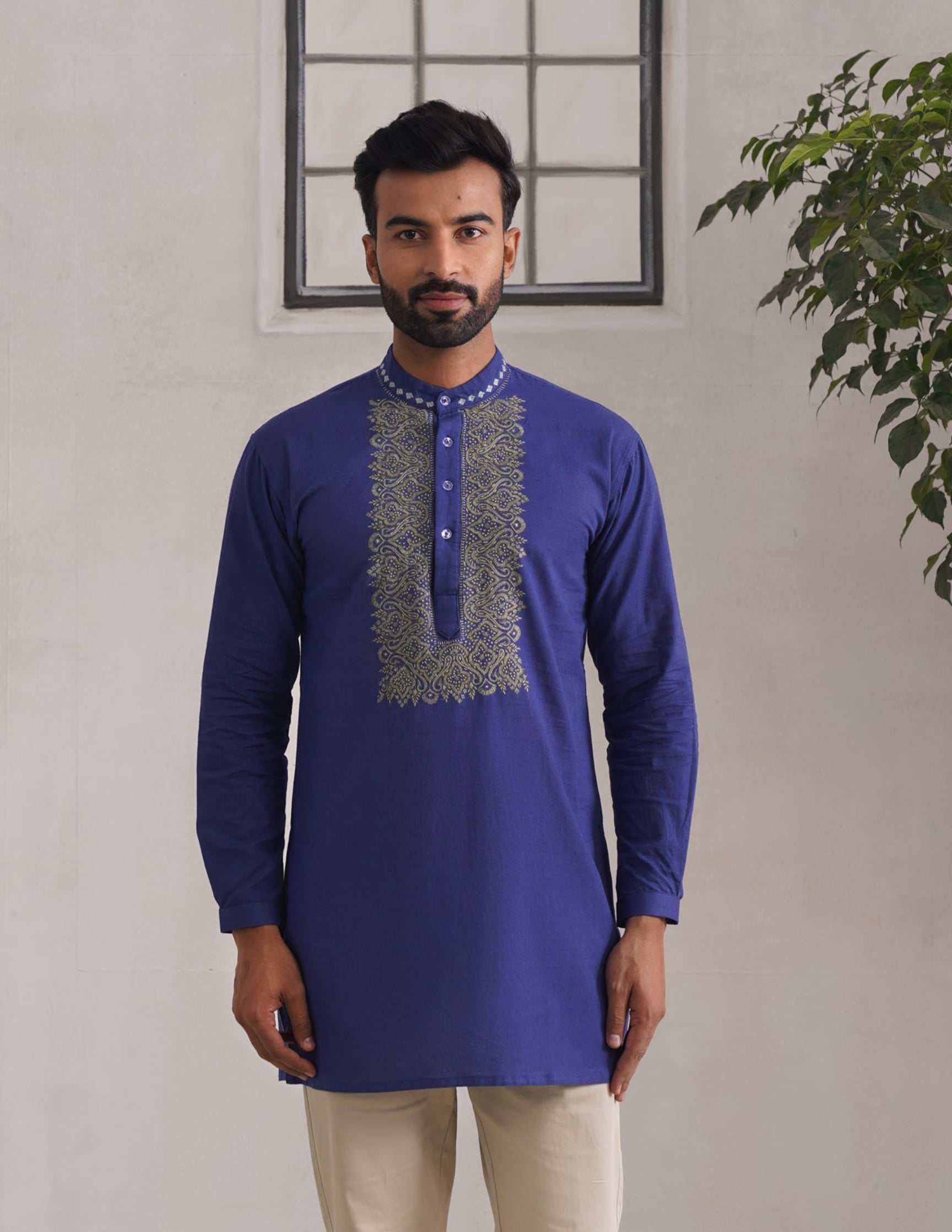 Kashmiri Sozni Embroidered Linen Cotton Short Kurta – Blue | Handcrafted Heritage