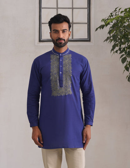 Kashmiri Sozni Embroidered Linen Cotton Short Kurta – Blue | Handcrafted Heritage