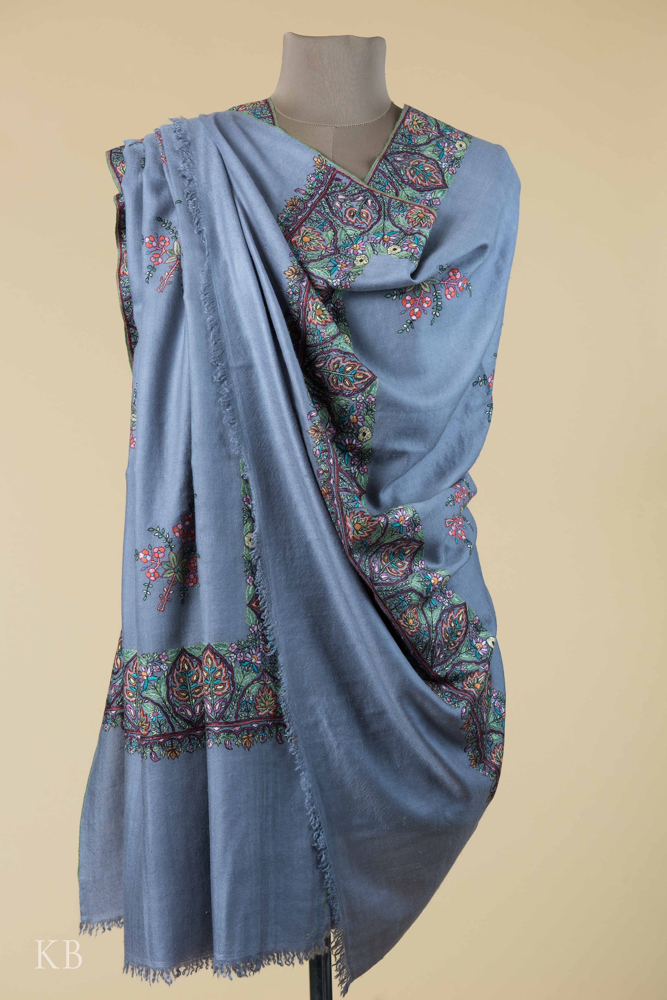 Stone Grey Sozni Embroidered Border Pashmina Shawl - Kashmir Box