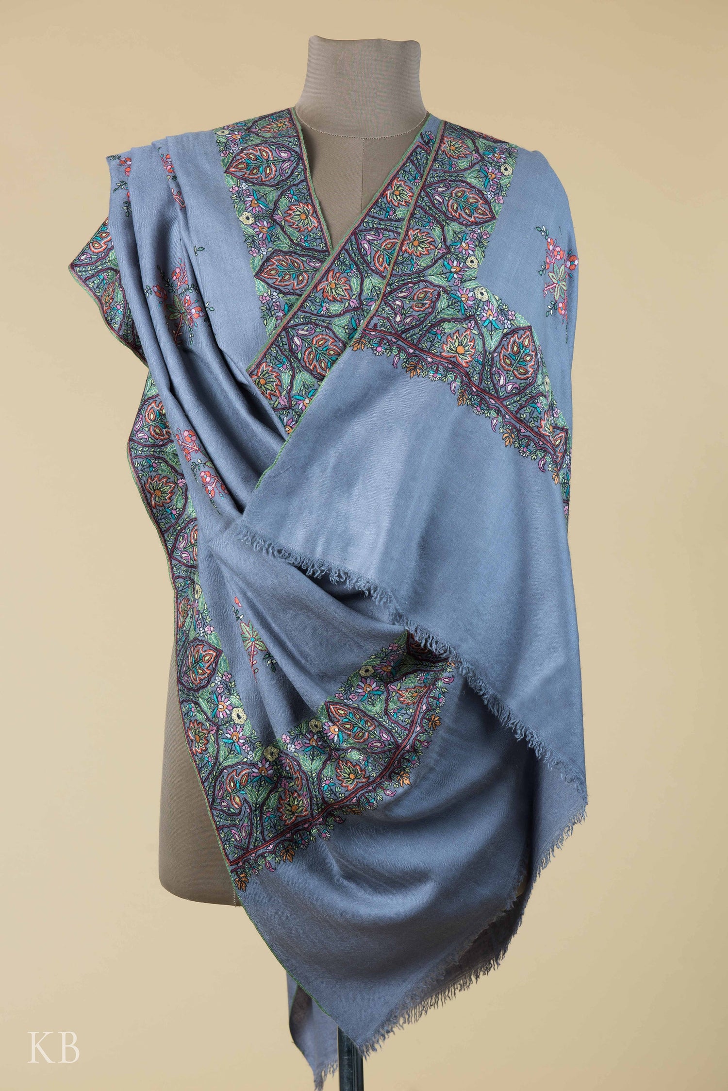 Stone Grey Sozni Embroidered Border Pashmina Shawl - Kashmir Box