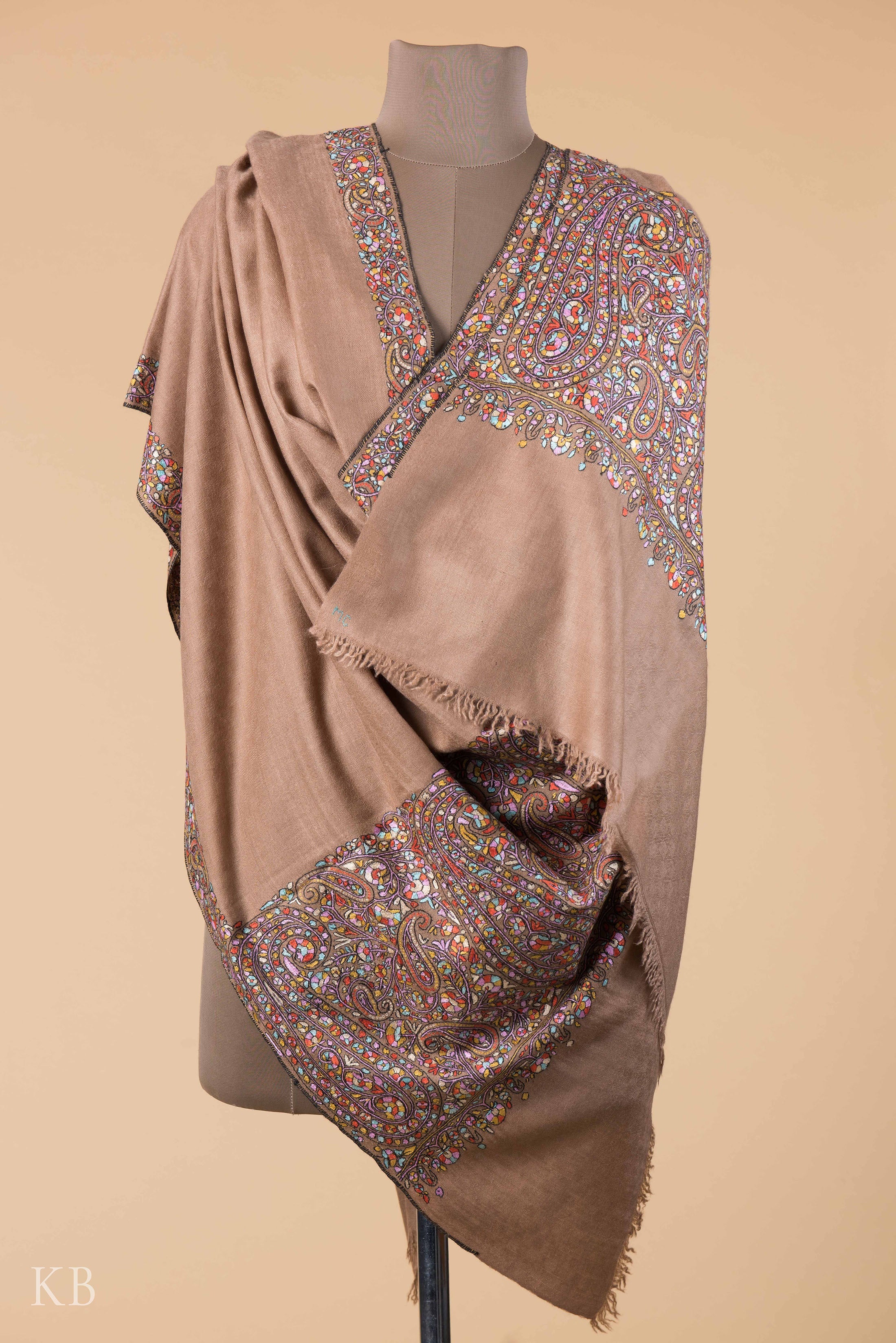 Natural Brown Kanikaar Palla Pashmina Shawl - Kashmir Box