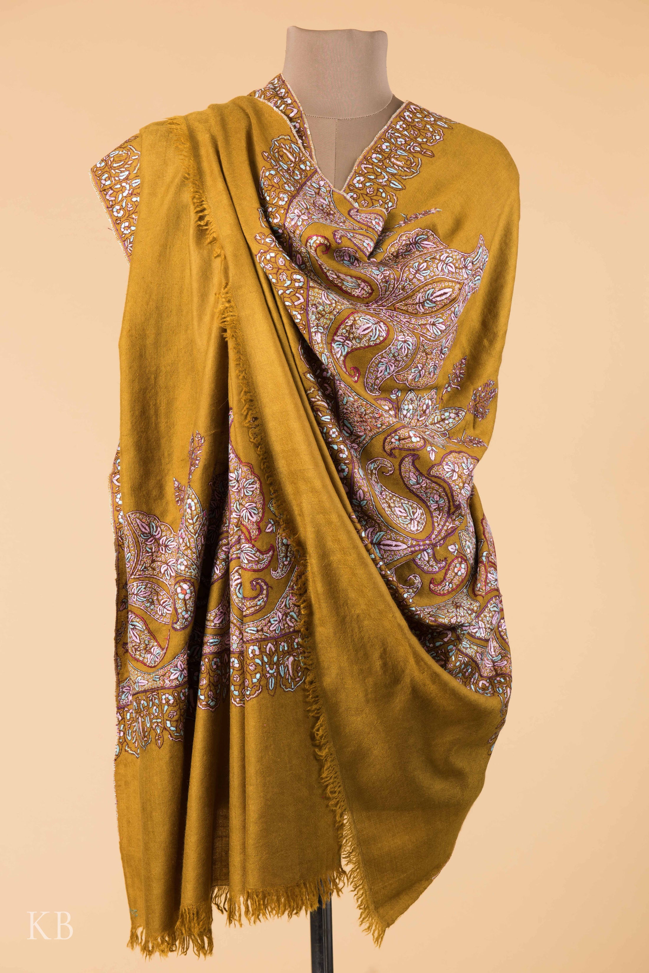 Olive Green Sozni Embroidered Pashmina Shawl - Kashmir Box