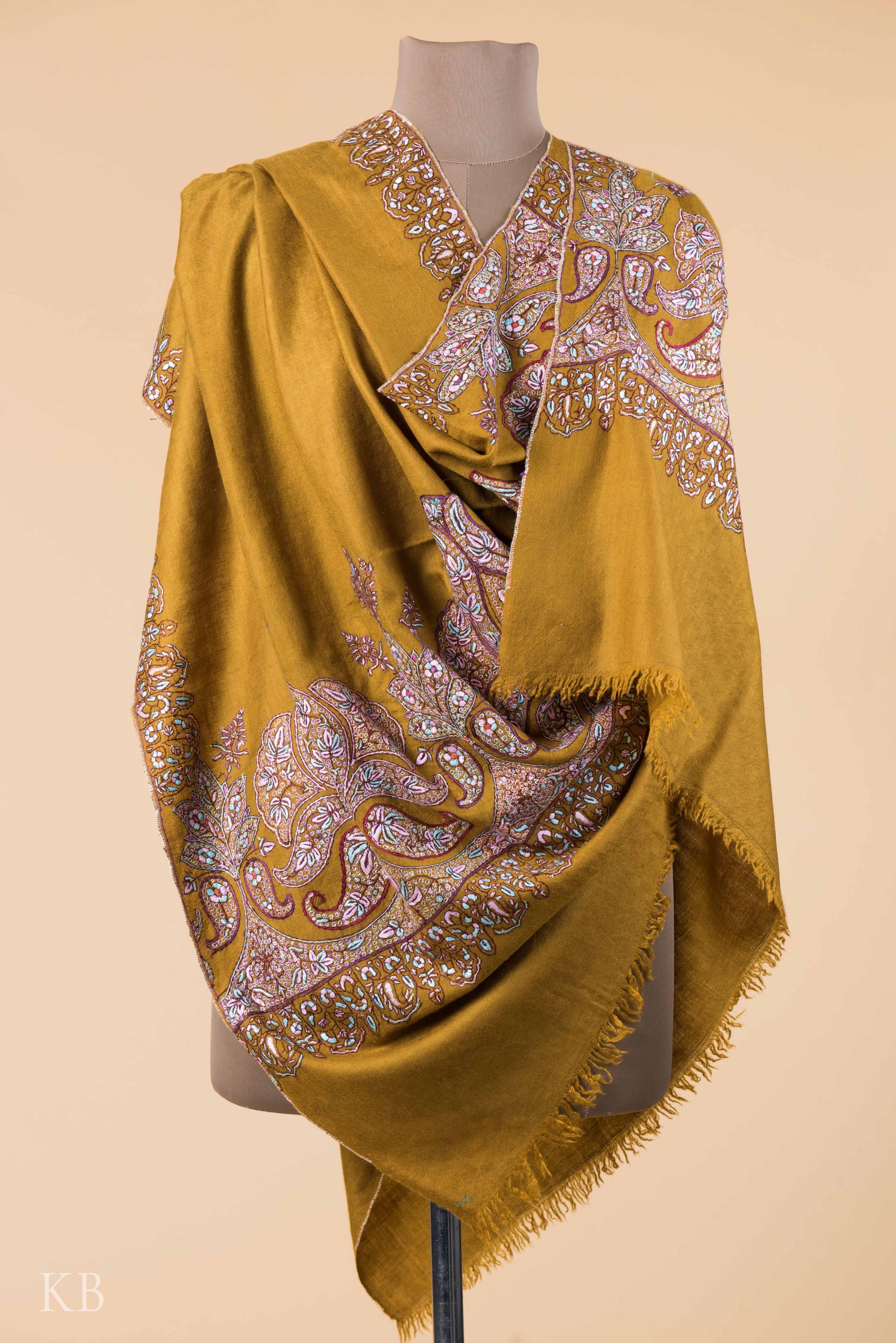 Olive Green Sozni Embroidered Pashmina Shawl - Kashmir Box