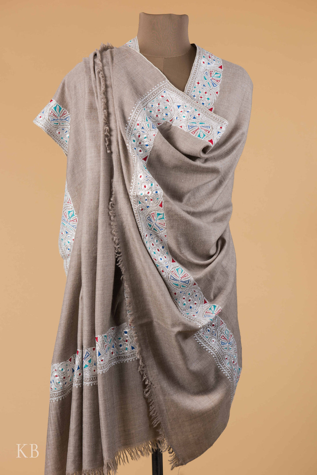 Natural Grey Tilla Sozni Embroidered Pashmina Shawl - Kashmir Box