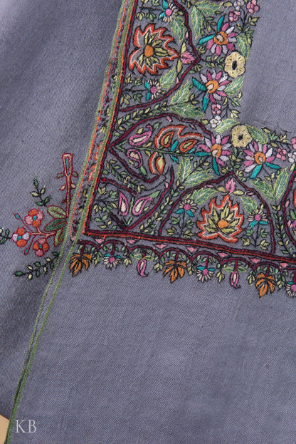 Stone Grey Sozni Embroidered Border Pashmina Shawl - Kashmir Box