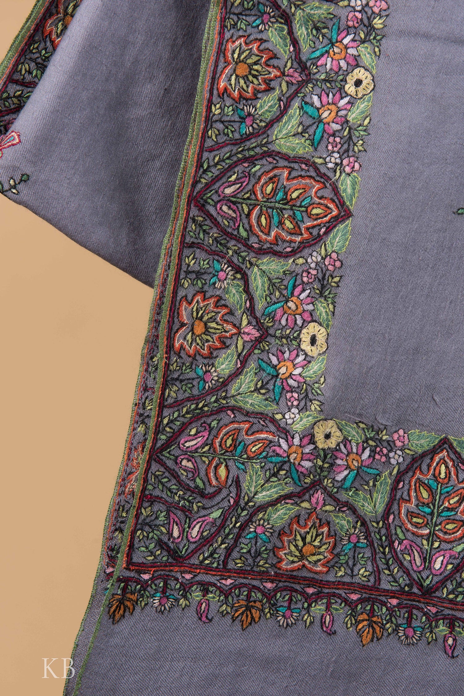 Stone Grey Sozni Embroidered Border Pashmina Shawl - Kashmir Box