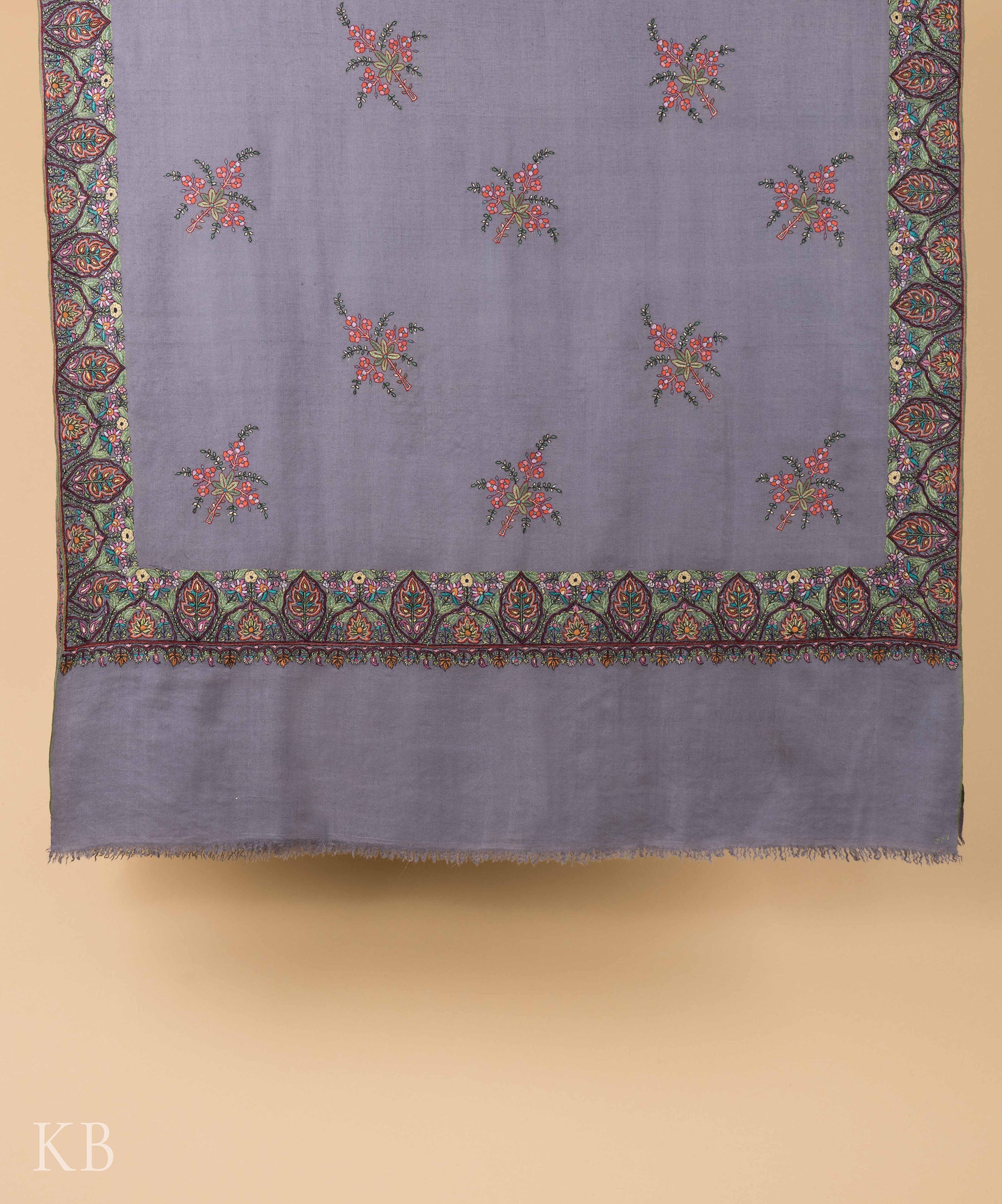 Stone Grey Sozni Embroidered Border Pashmina Shawl - Kashmir Box