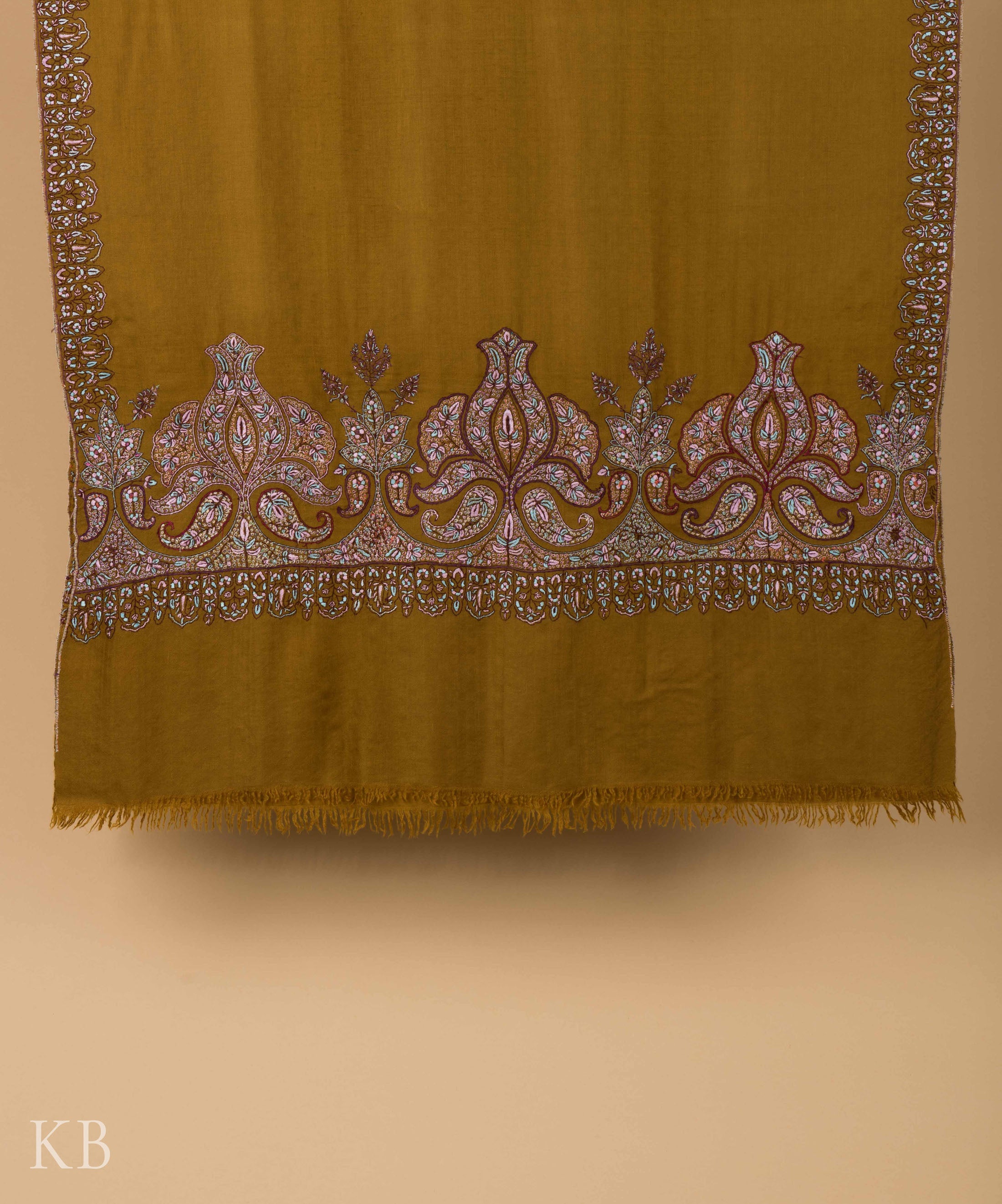 Olive Green Sozni Embroidered Pashmina Shawl - Kashmir Box