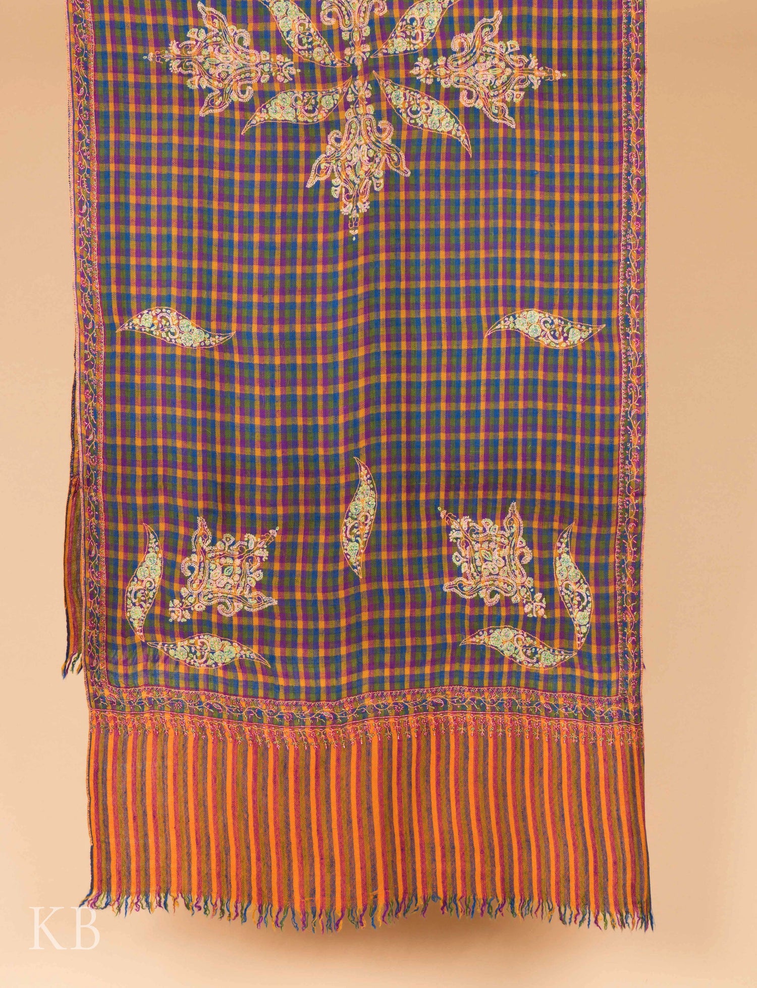 Mini Check Sozni Embroidered Pashmina Stole - Kashmir Box