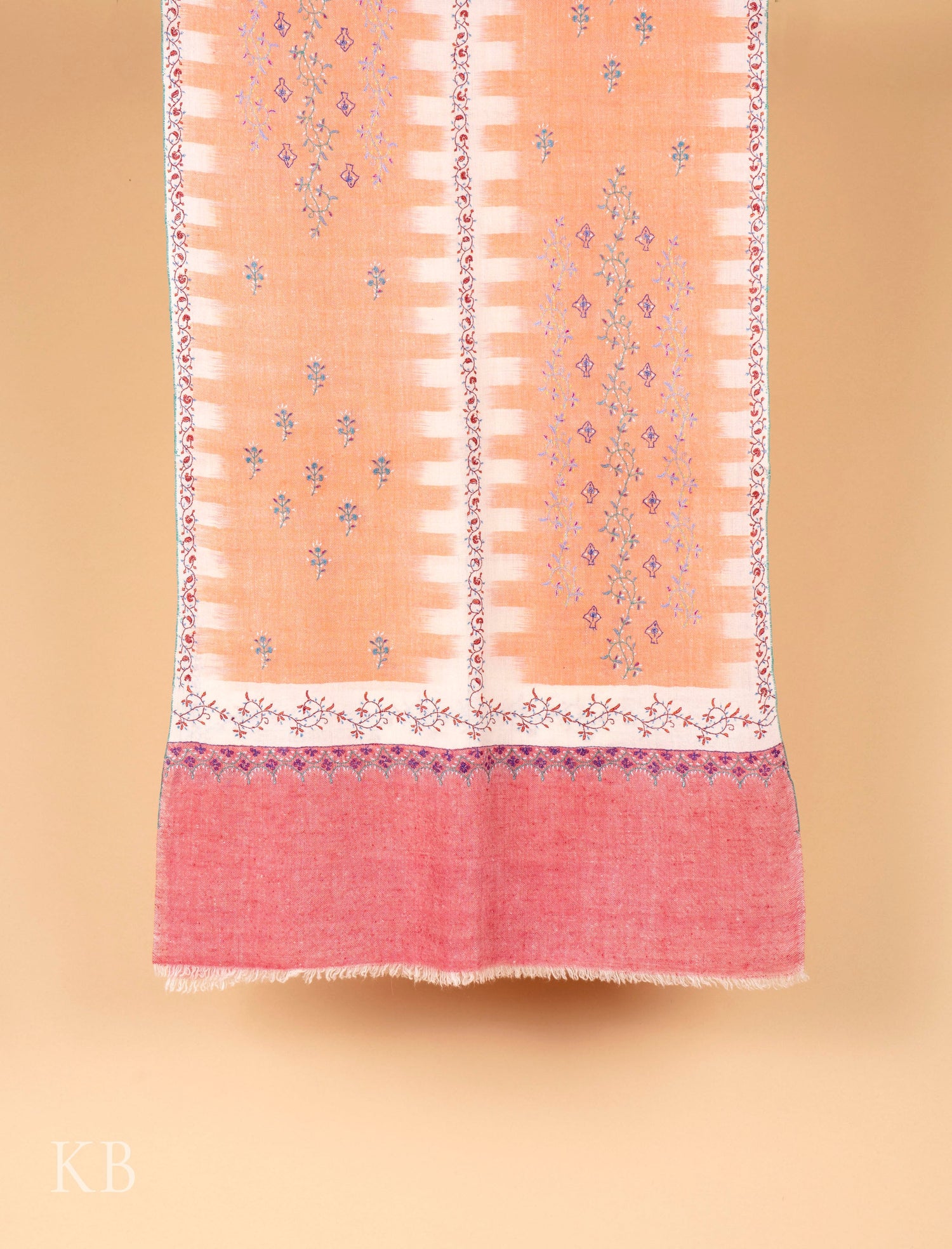 Papaya Ikkat Designed Sozni Embroidered Pashmina Stole - Kashmir Box