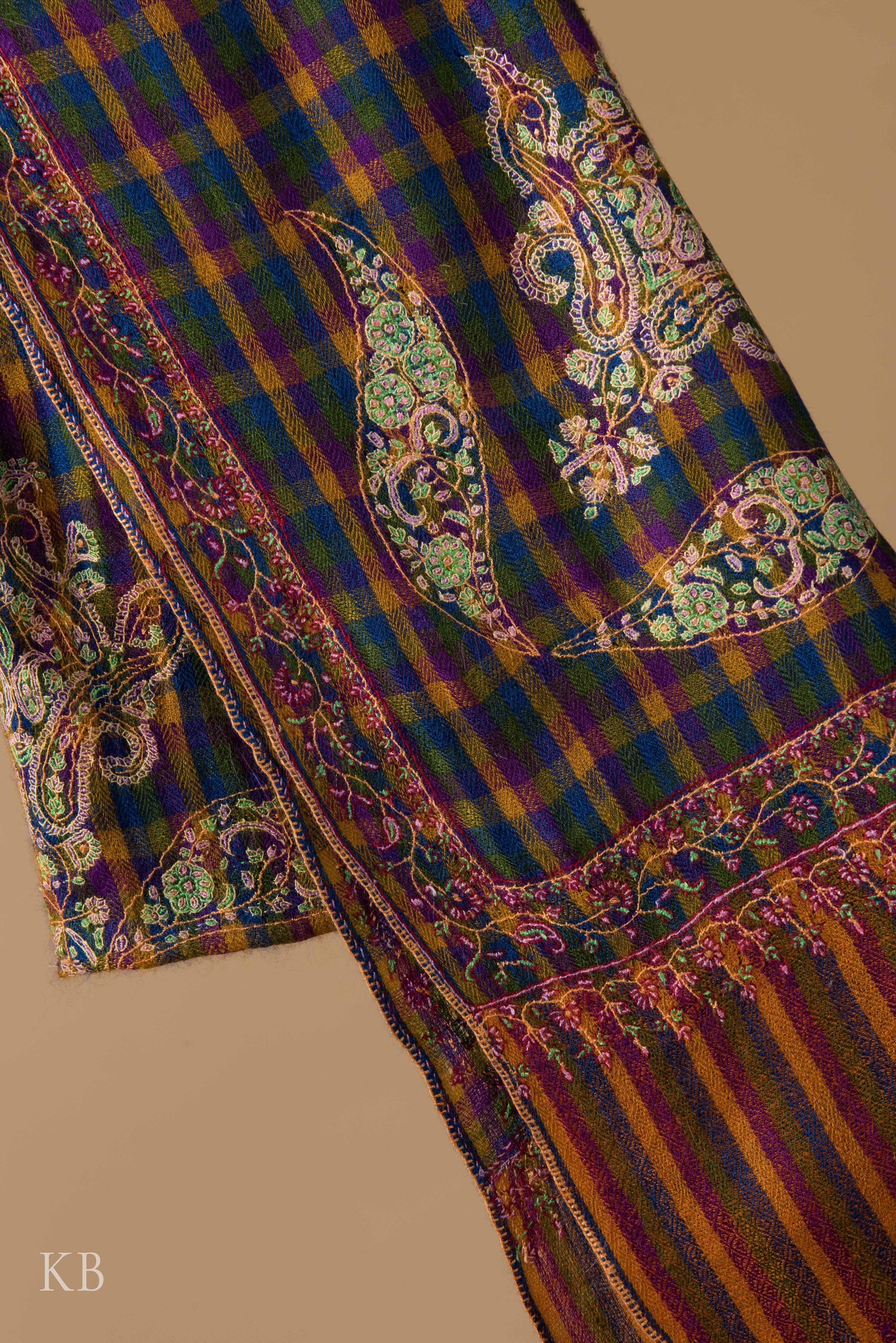 Mini Check Sozni Embroidered Pashmina Stole - Kashmir Box