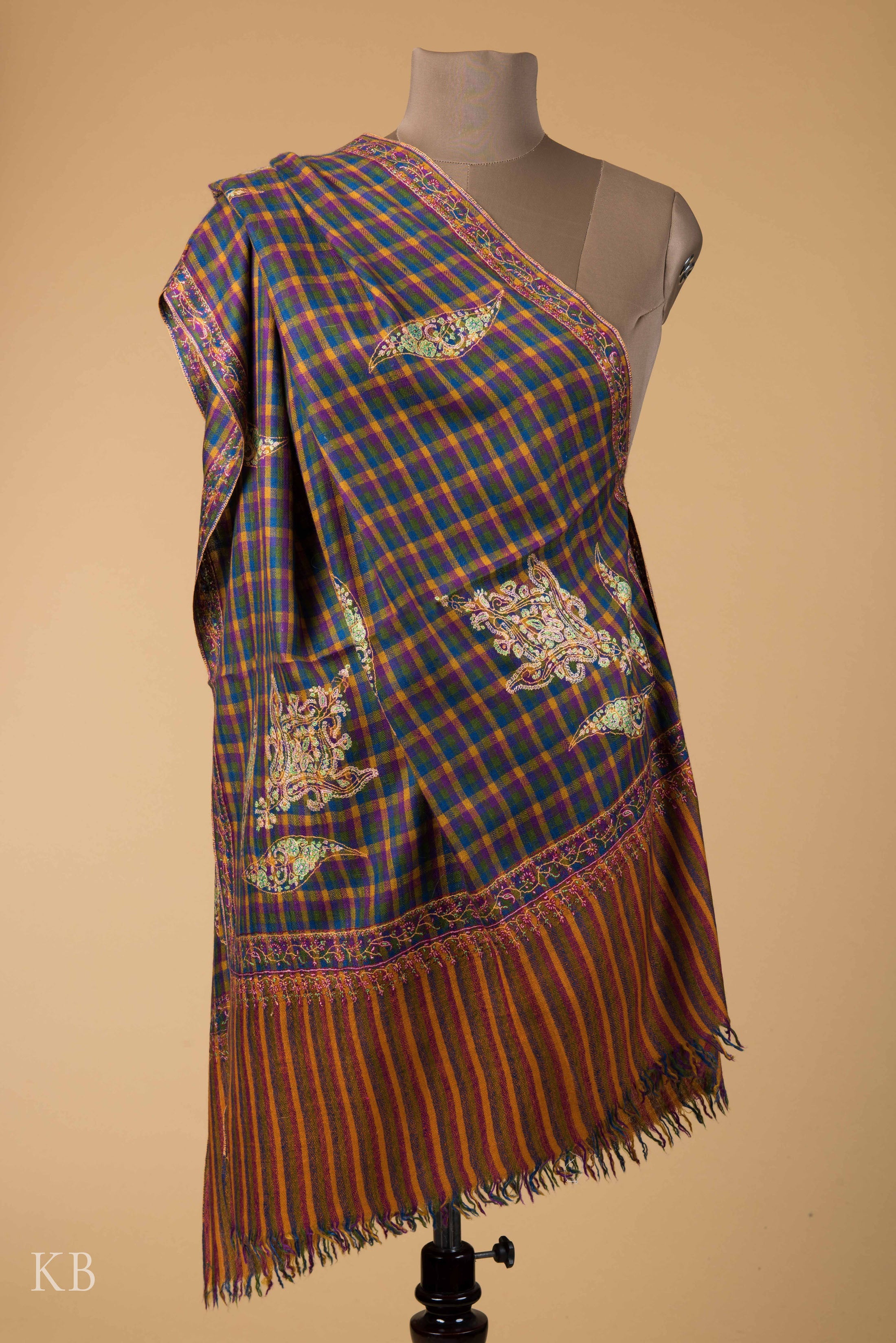 Mini Check Sozni Embroidered Pashmina Stole - Kashmir Box