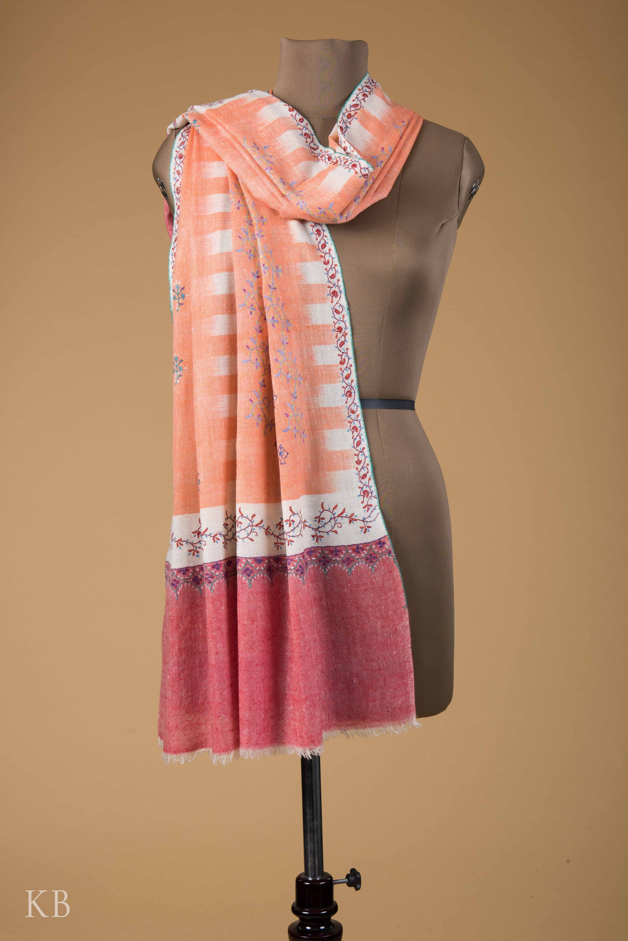 Papaya Ikkat Designed Sozni Embroidered Pashmina Stole - Kashmir Box