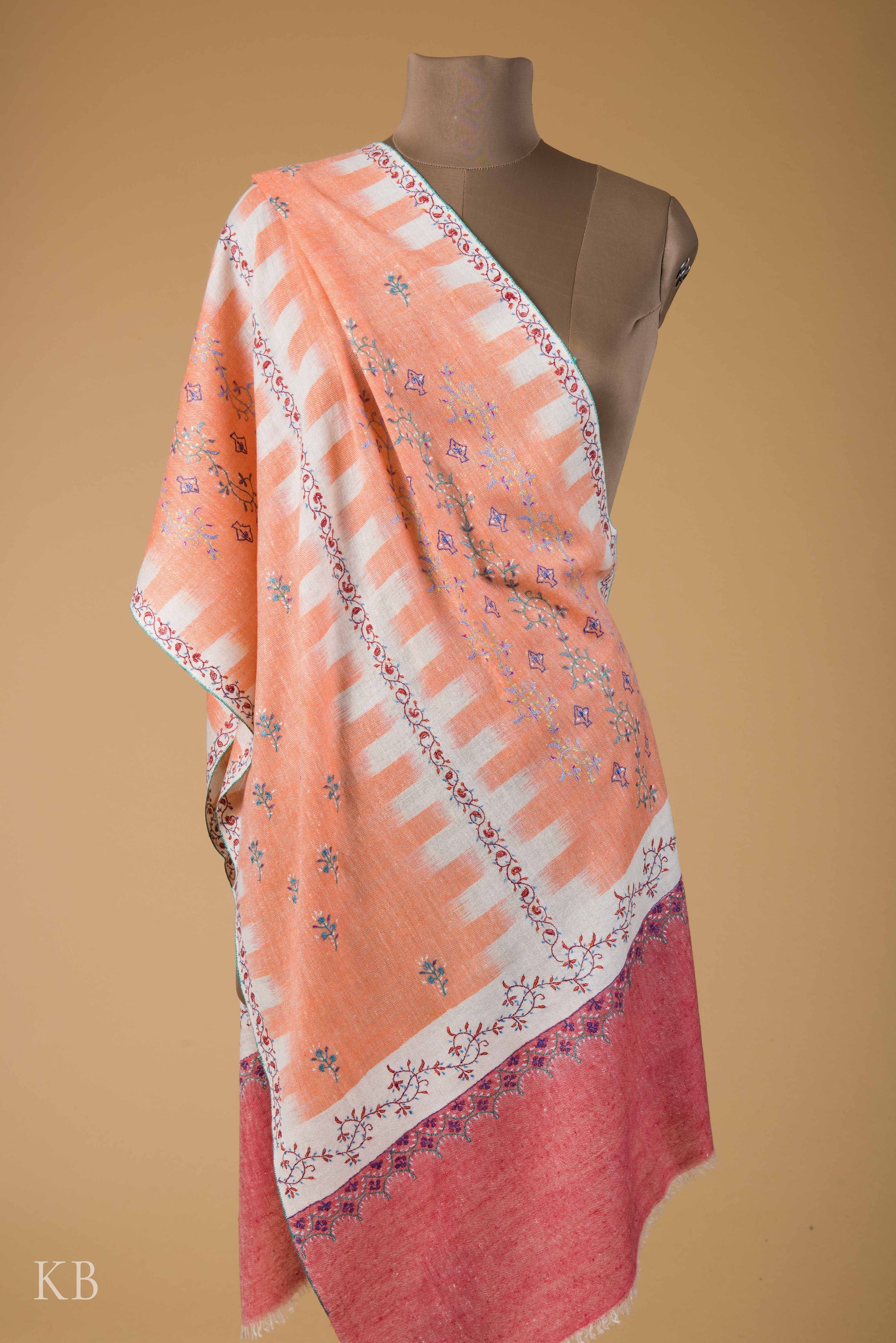 Papaya Ikkat Designed Sozni Embroidered Pashmina Stole - Kashmir Box