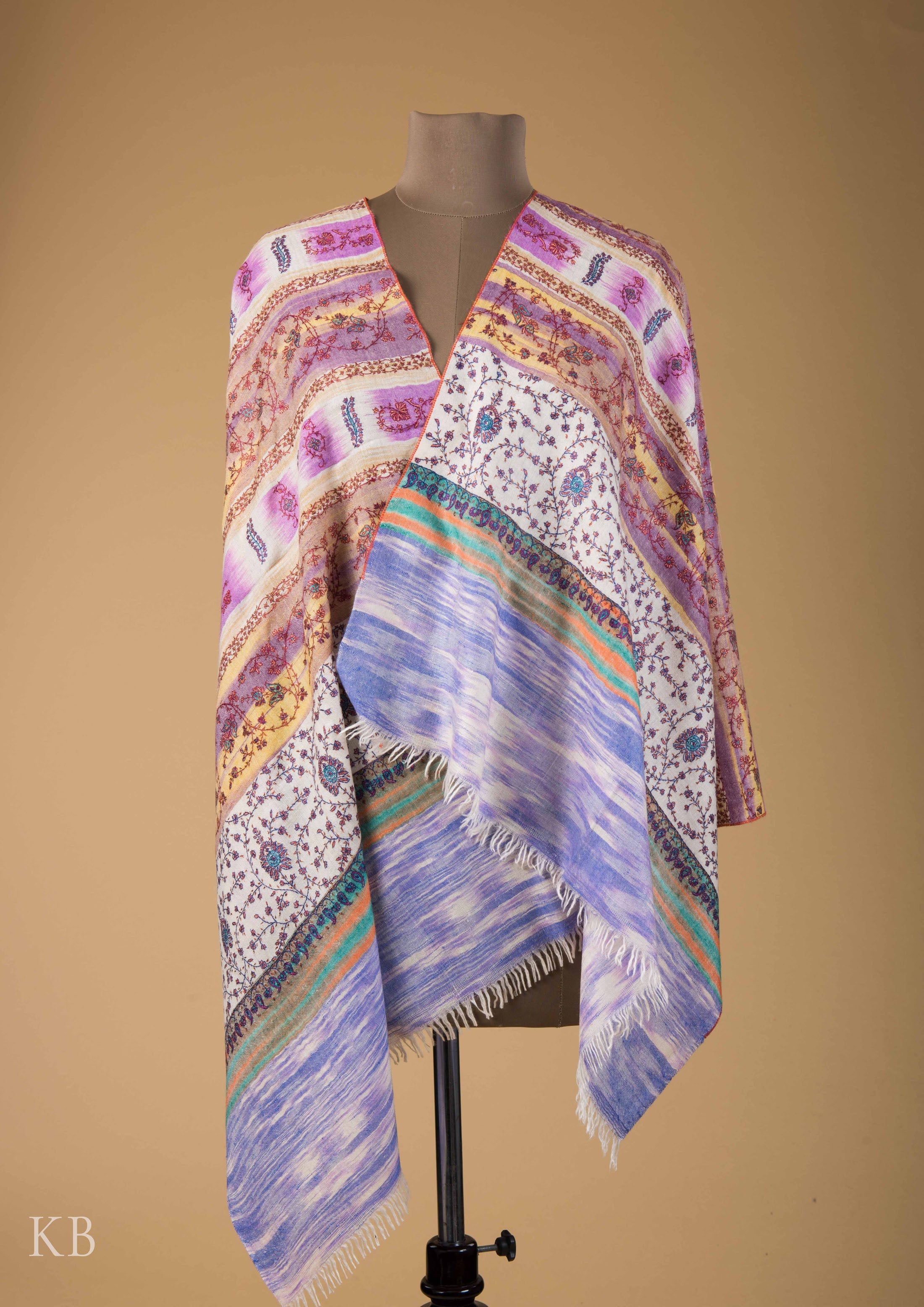 Colorful Sozni Embroidered Modern Design Pashmina Stole - Kashmir Box