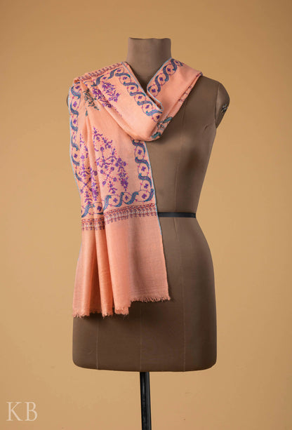 Peach Modern Design Embroidered Pashmina Stole - Kashmir Box